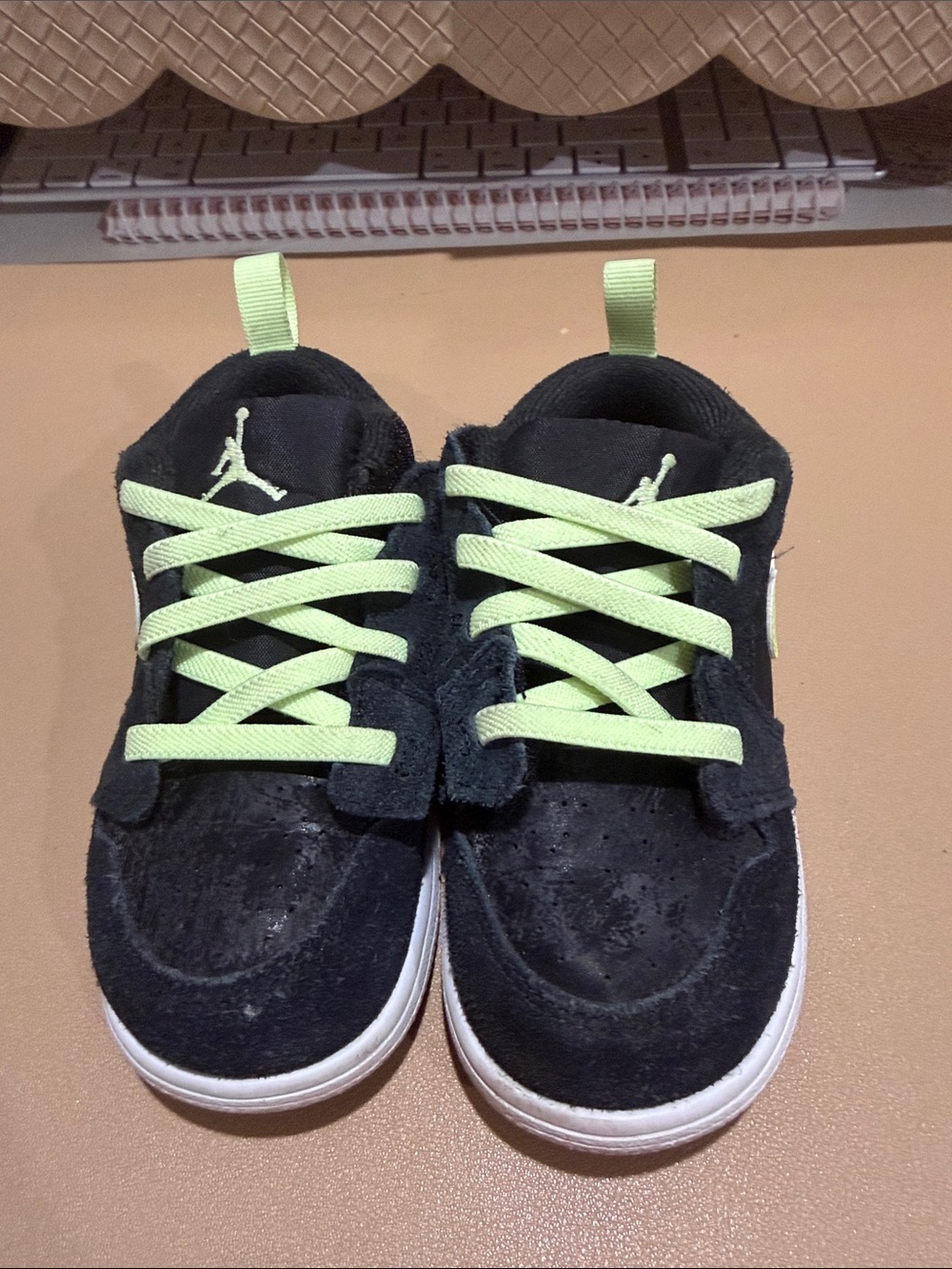 Jordan Kids Black and Neon Green Low-Top Sneakers